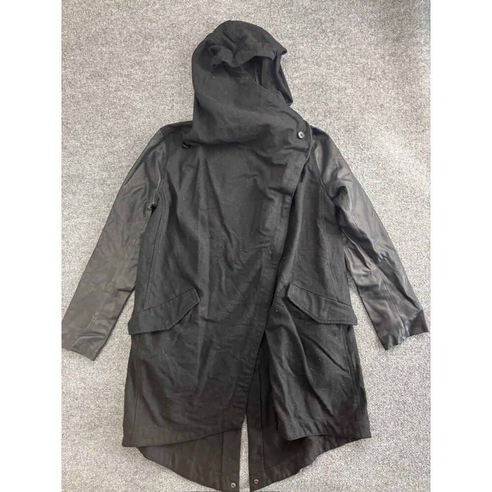 BB Dakota Hooded Jacket Women's Black Full Zip Faux‎ Leather Sleeves Coatigan
